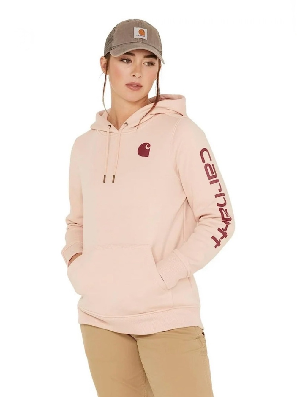 Carhartt Women’s Logo Sleeve Hoodie Ash Rose Pink Relaxed Fit XS